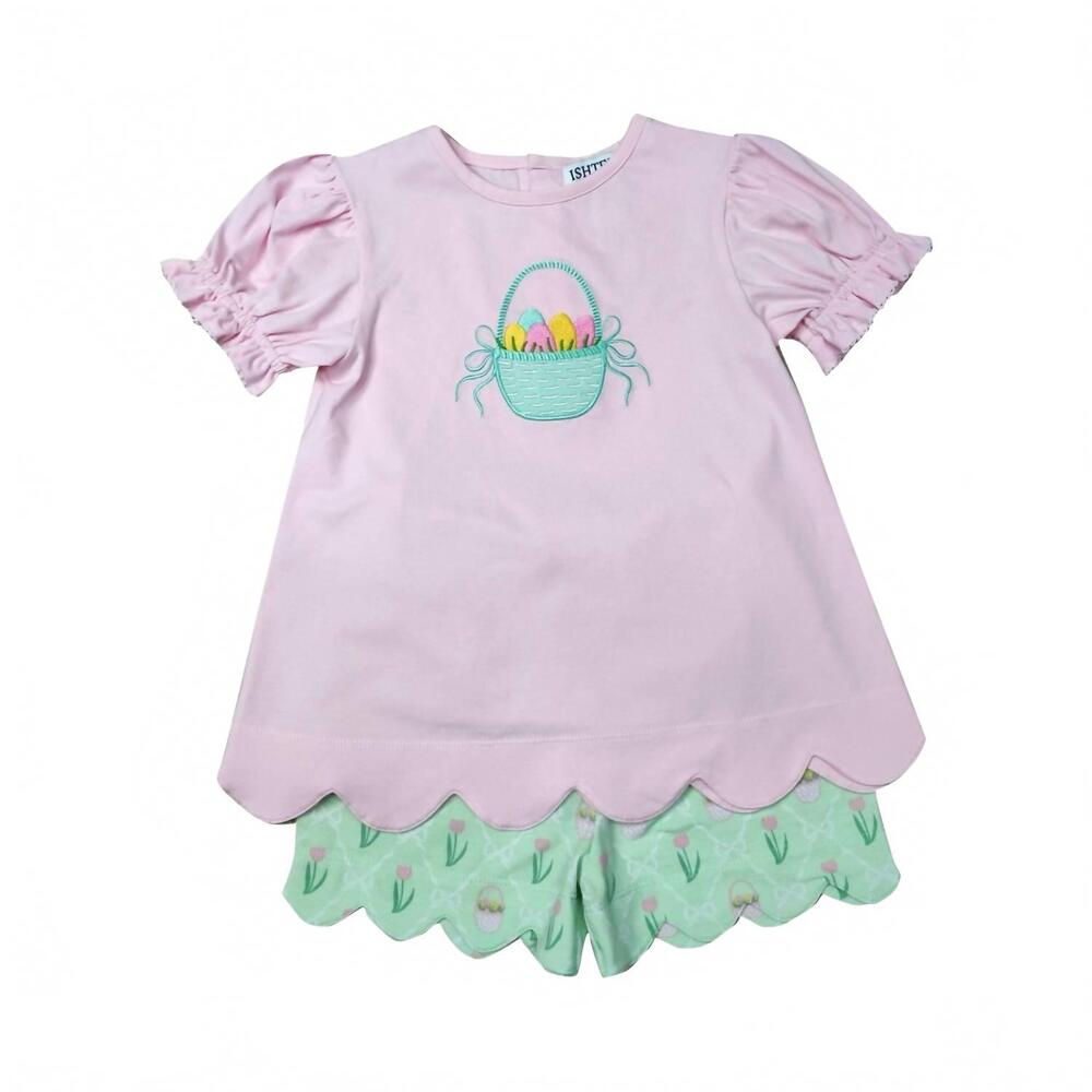 NEW ISHTEX girl's easter basket shorts set in pink/green